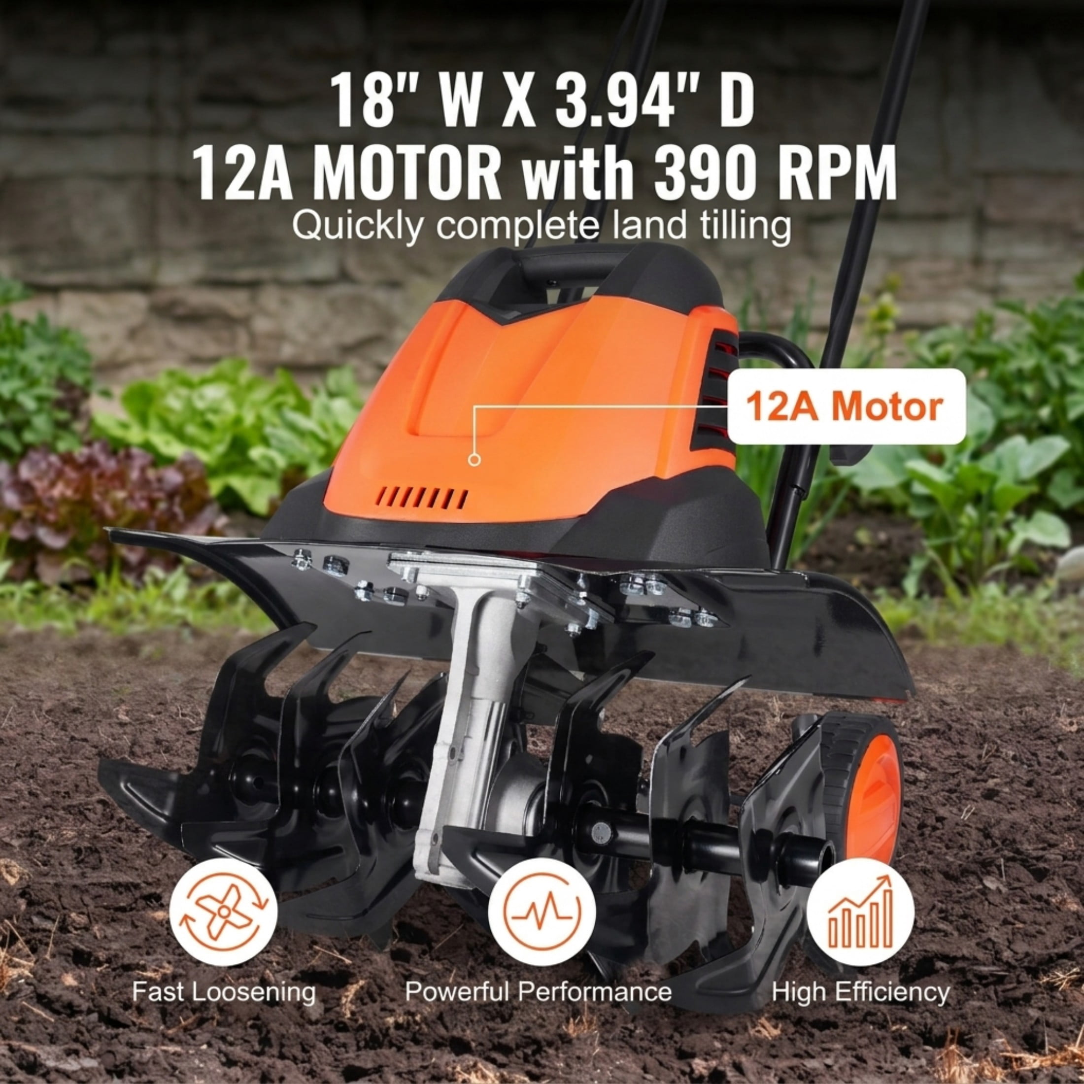 12 Amp Electric Tiller & Cultivator, 18" Tilling Width Corded Rototiller with Steel Mn Tines for Garden and Lawn Soil