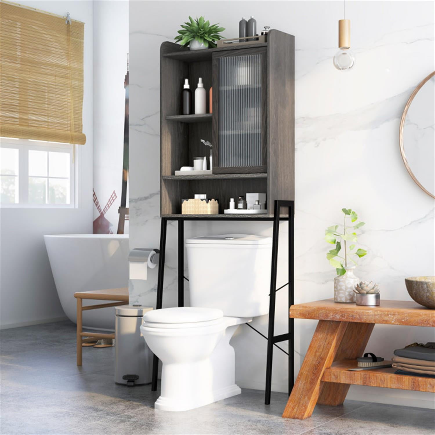 Demi Bonn Over The Toilet Storage Cabinet with Acrylic Doors and Adjustable Shelf, Bathroom Organizer with Metal Stand for Bathroom, Restroom, Laundry, Grey