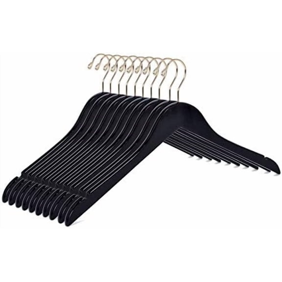 Quality Black Semi Curved Wooden Suit Hangers, 10-Pack Smooth Finish Solid Wood Coat Hanger with Swivel Hook, Jacket, Pant, Dress Clothes Hangers (Black - Gold Hook, 10)