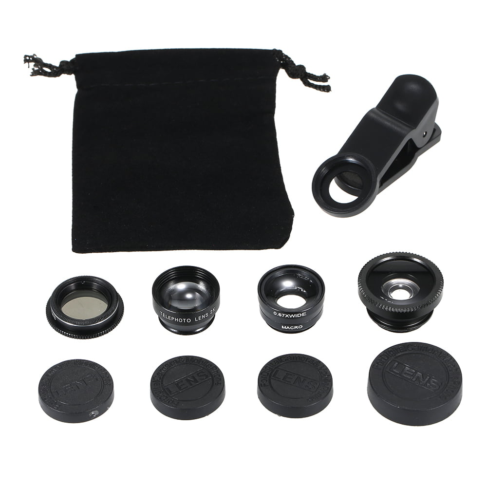 Optical Glass Attachment Set 2X Zoom Telephoto 0.63X Wide Angle 198 Fisheye 5 in 1 Phone Camera Lens Kit Black 15X Macro CPL Filter with Universal Clip Adapter for Cell Phones and Tablets 
