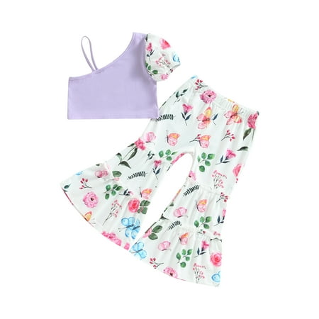 

Arvbitana 1T 2T 3T 4T 5T 6T Toddler Girls Pants Set Sleeveless Patchwork Vest with Flower Print Flare Pants Summer Outfit 2Pcs