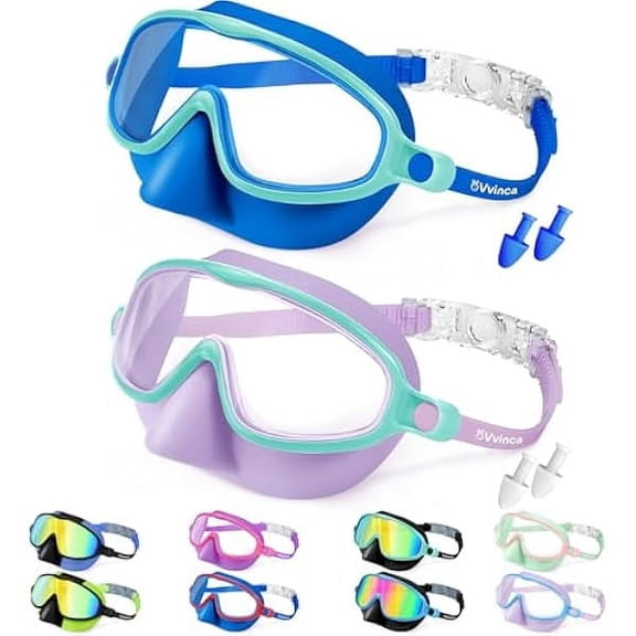 Swim Goggles with Nose Cover, 2 Pack Wide View Diving Mask Anti-Fog UV No Leak Toddlers Swimming Goggles for Kids 3-15