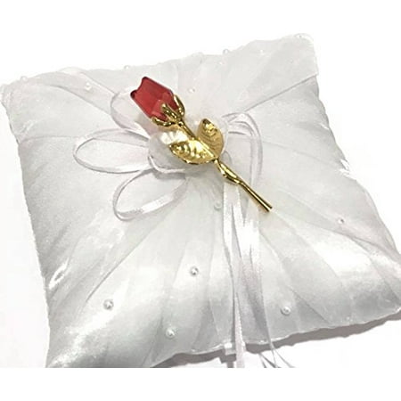 Rose Keepsake - White Satin Ring Wedding Pillow with Red Glass Rose Gift Keepsake
