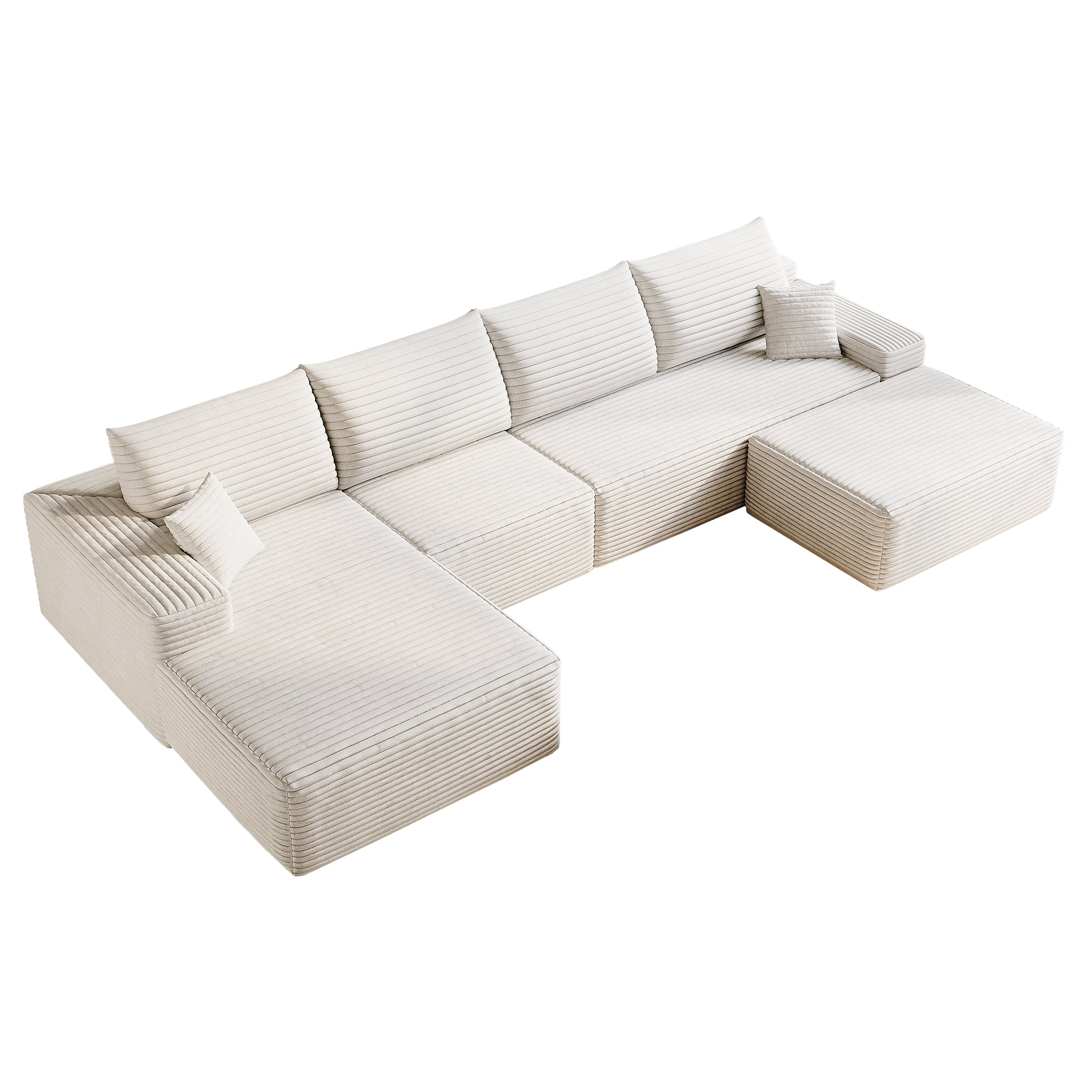 MAYEERTY 135" Cloud Sectional Sofa White Plush Corduroy with Ottoman Deep Seat No Assembly Living Room
