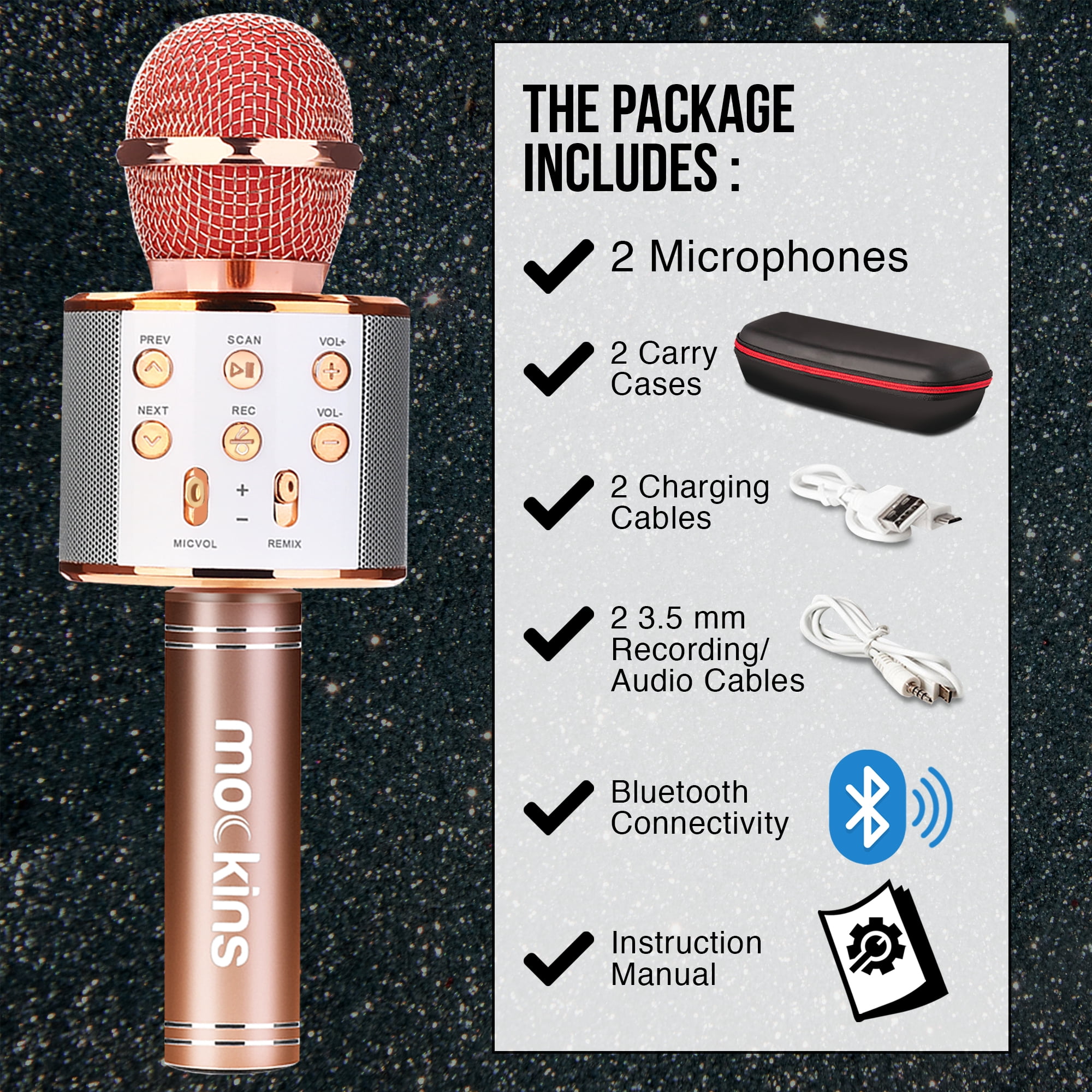 Mockins Rose Gold Handheld Singing Microphones | 2-Pack | Bluetooth Speakers