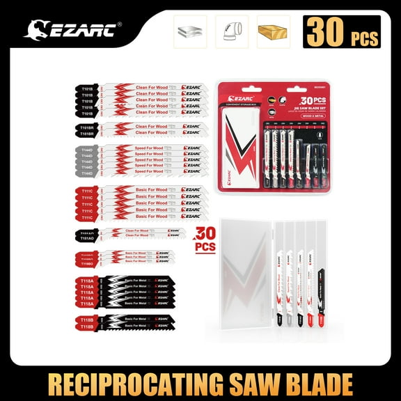 EZARC Jigsaw Blades Set 30pcs with Storage Case, Assorted T-Shank Replacement Jig Saw Blades for Cutting Wood, Plastic and Metal