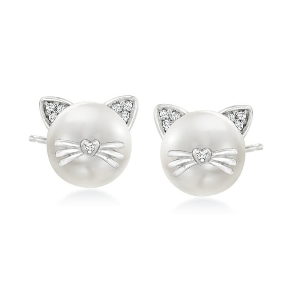 Ross-Simons 8-8.5mm Cultured Pearl Cat Earrings With Diamonds in Sterling Silver, Women's, Adult