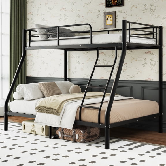 Capri Twin over Full Size Metal Bunk Bed for Teens Adult with 12" Under-Bed Storage & Ladder & Full-Length Guardrail, Space-Saving, Heavy-duty, Black