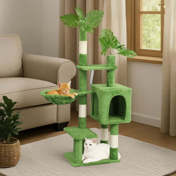 UBesGoo 48in Plush Cat Tree with Leaves, Multi-Level Tower with Condo, Hammock & Scratching Posts