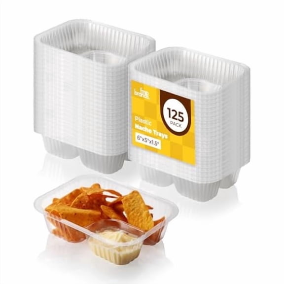Fit Meal Prep 125 Pack 12 oz Plastic Nacho Trays, 2 Compartment Disposable Chip and Dip Holder, 6" x 5" Clear Nacho Containers, Ideal for Party Festival Carnival Concession Stand Movie Night Supplies