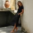 thumbnail image 4 of Women's Cotton Linen Midi Skirt Elastic Waist Side Button Split Pockets Solid Color Casual A-Line Mid-Calf Skirt 02-Black XXL, 4 of 5