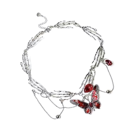 Fashionable Red Enameled Butterfly Pendant Multi Layer Necklace with Tassels Adjustable Length Neckchain Accessories