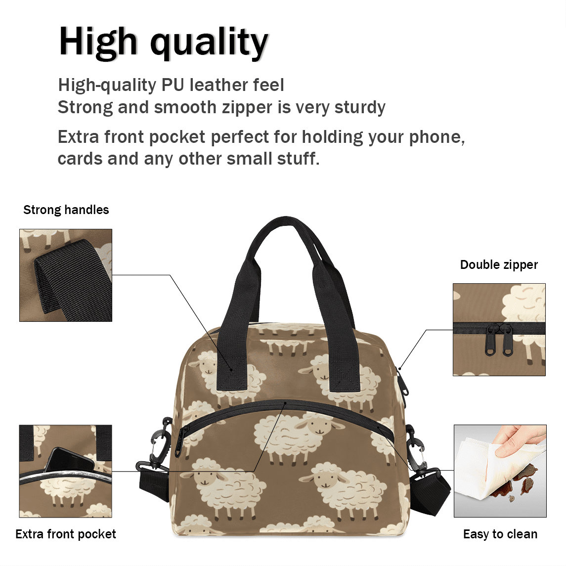 Herdesigns Sheep Insulated Lunch Bag for Women Men Adults Large Reusable Lunch Box Cute Cartoon Leakproof Cooler Tote Bags with Adjustable Shoulder Strap
