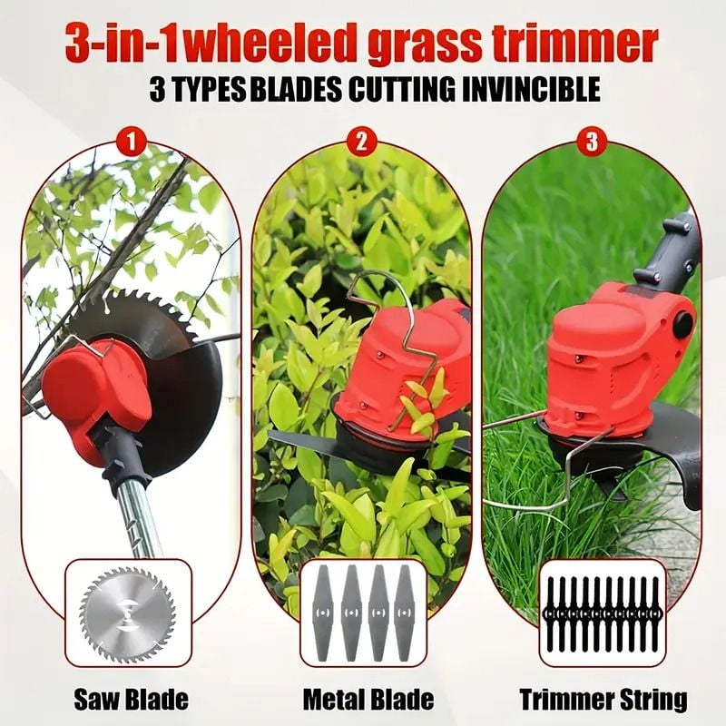 Cordless Electric Weed Wacker Portable Grass Trimmer with 3 Blade Types and 2 High Capacity Batteries Powerful Lawn Mower for Garden Yard Lawn Maintenance with Multiple Accessories