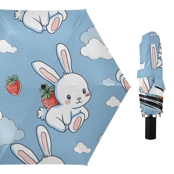 Cartoon Rabbits with Strawberries Clouds Cute All Weather Umbrella Triple Folding Parasol 6 Ribs UV Protection Portable
