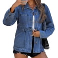 thumbnail image 2 of Women's turn Down Collar Solid Color Casual Denim Jacket with Open Front Daily Wear, 2 of 6