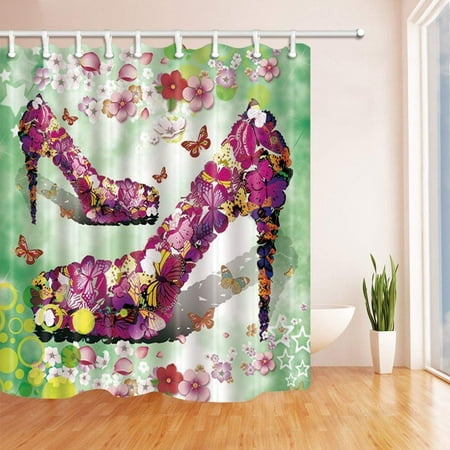 BPBOP Fashion Woman Decor High Heels Full with Butterfly in Flowers for Spring Polyester Fabric Bath Curtain, Bathroom Shower Curtain 66x72