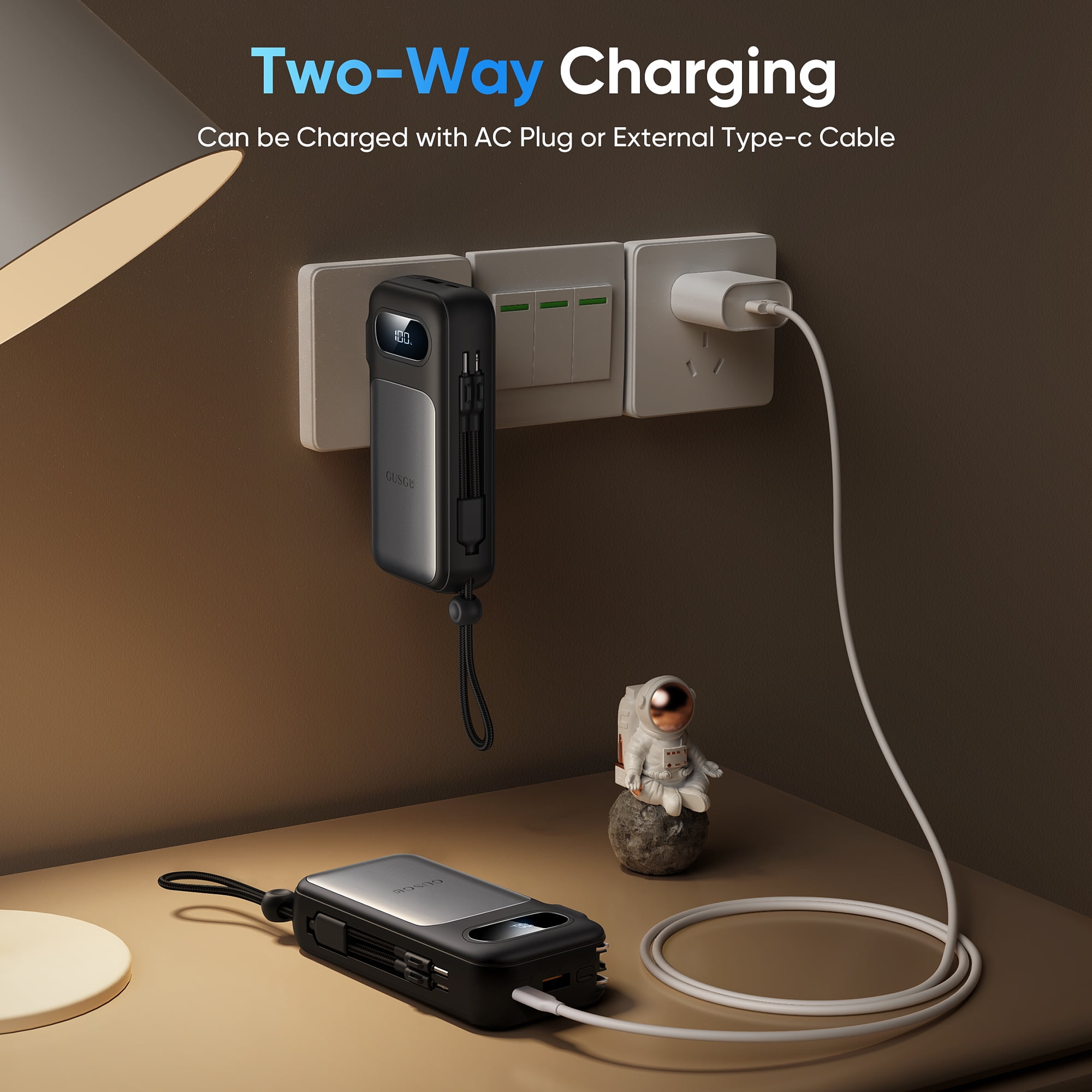 GUSGU 10000mAh Airline Approved  Power Bank, 30W Max Portable Battery Pack with Lightning/USB C Cable, Cell Phone Travel Charger with Foldable AC Plug for iPhone 15/16, iPad, Samsung, Google