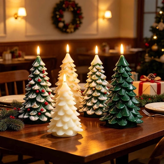 Christmas Tree Candle, LED Flameless Candle with Flickering Warm Light, Battery Operated Christmas Tree Shaped Candle Decor, Holiday Tabletop Ornament for Mantel Dining Room Home Party Decoration