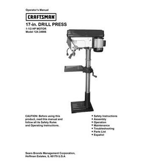 Instruction Manual ONLY for Craftsman 124.34986 Drill Press Owners Instruction Manual REPRINT
