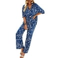 thumbnail image 2 of Womens Summer Print 2 Piece Pajama Sets Short Sleeve Button Down Outfit Long Pants Sleepwear Set Navy Blue M, 2 of 9
