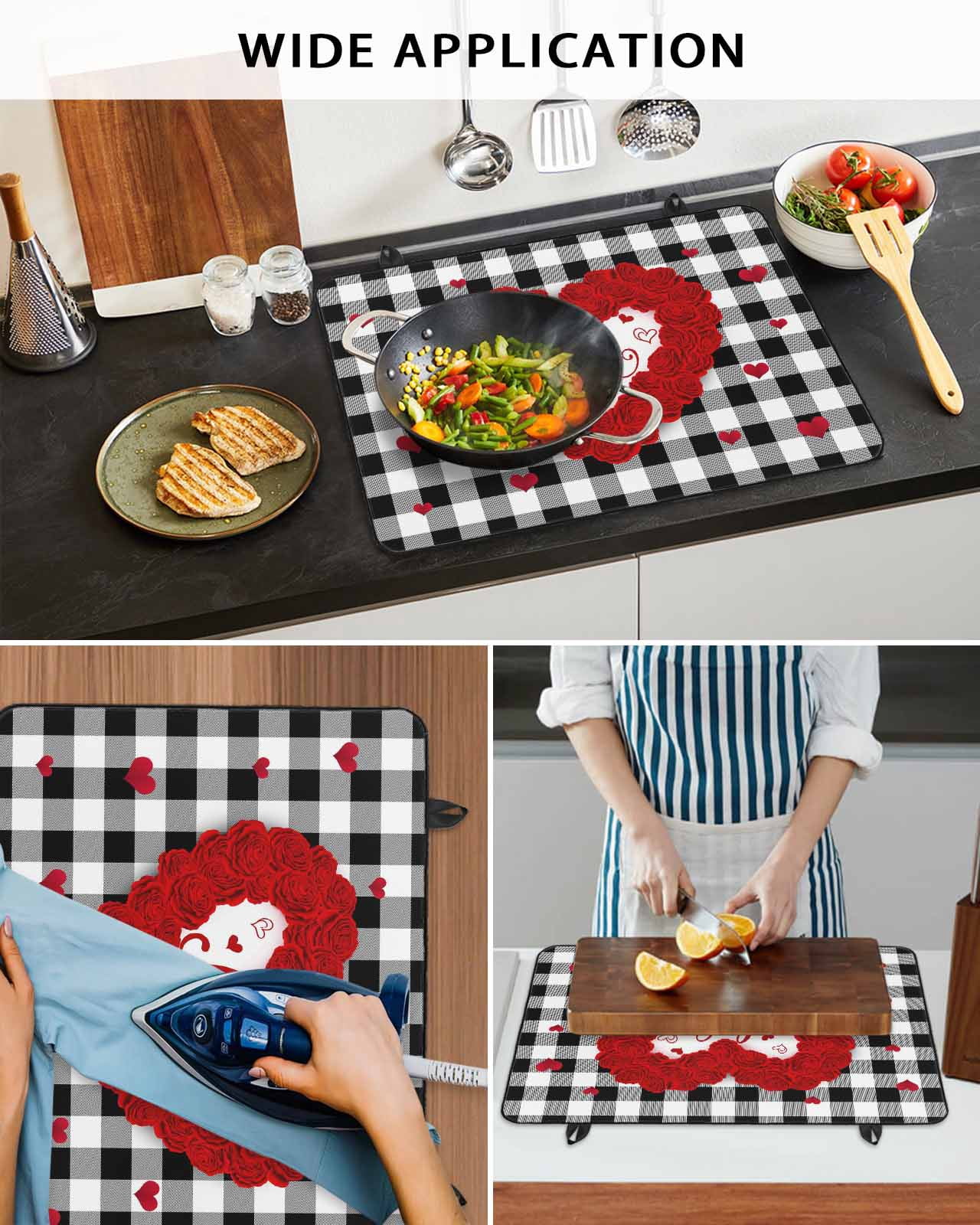 Large Induction Cooktop Protector Mat Valentine's Day Stove Top Covers for Electric Stove, Love Heart Romantic Black White Plaid Decorative Stove Burner Cover Mats, Glass Top Stove Cover