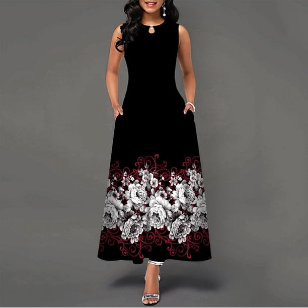 WAYOFLOVE Ladies Spring Summer Long Dress Women White Sleeveless V-neck Pockets Party Dresses Elegant Print Casual Vintage DressL Gao Jinjia LED