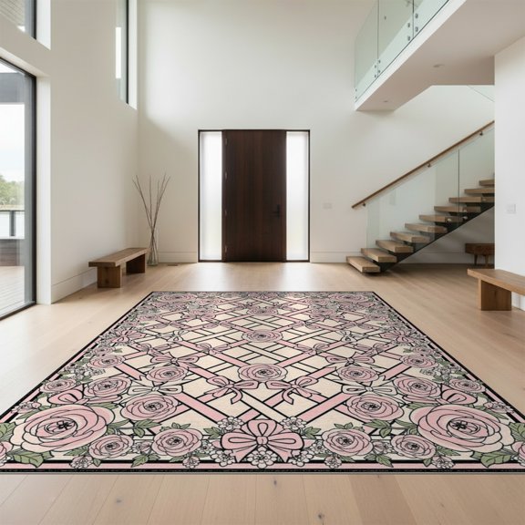 Design&I 8'x10' Washable Area Rug Snag-Free Coquette Vintage Rosette Border Ribbon Lattice Delicate Pink Flowing Dynamic for Dining Room, Large Office, Lounge