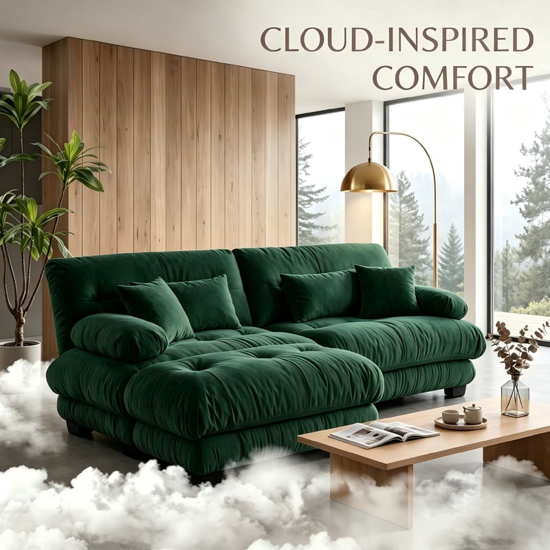 ANPPORT Cloud Couch Sleeper Sofa, Chenille Green 2-Seater Modular Sofa with 1 Ottomans, 2 Lumbar pillows, 2 Pillows, Comfy Deep Seat Cloud Sofa, Convertible L-Shaped Floor Couch for Living Room