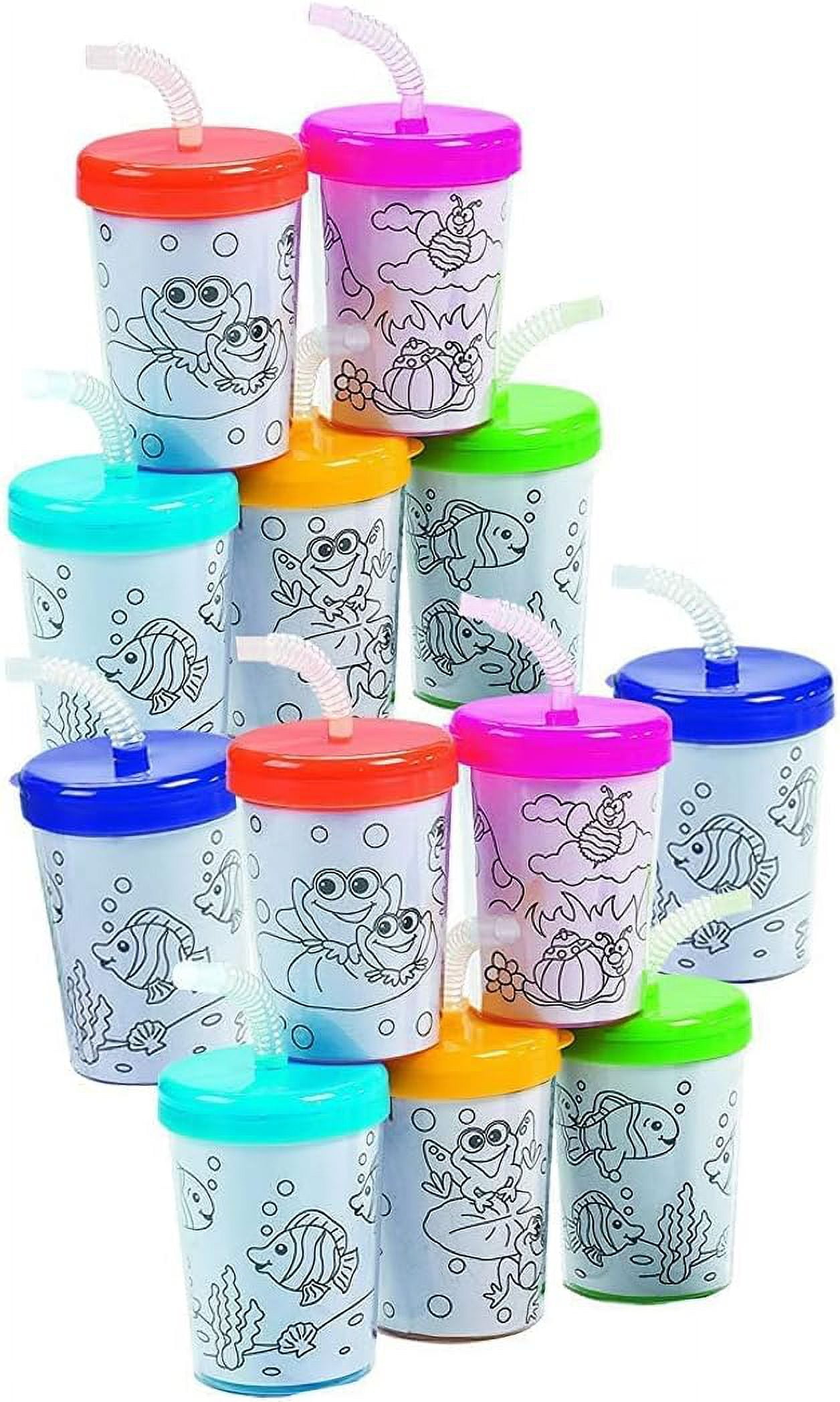 Color Your Own Cups W/ Lids And Straws - Craft Kits - 12 Pieces