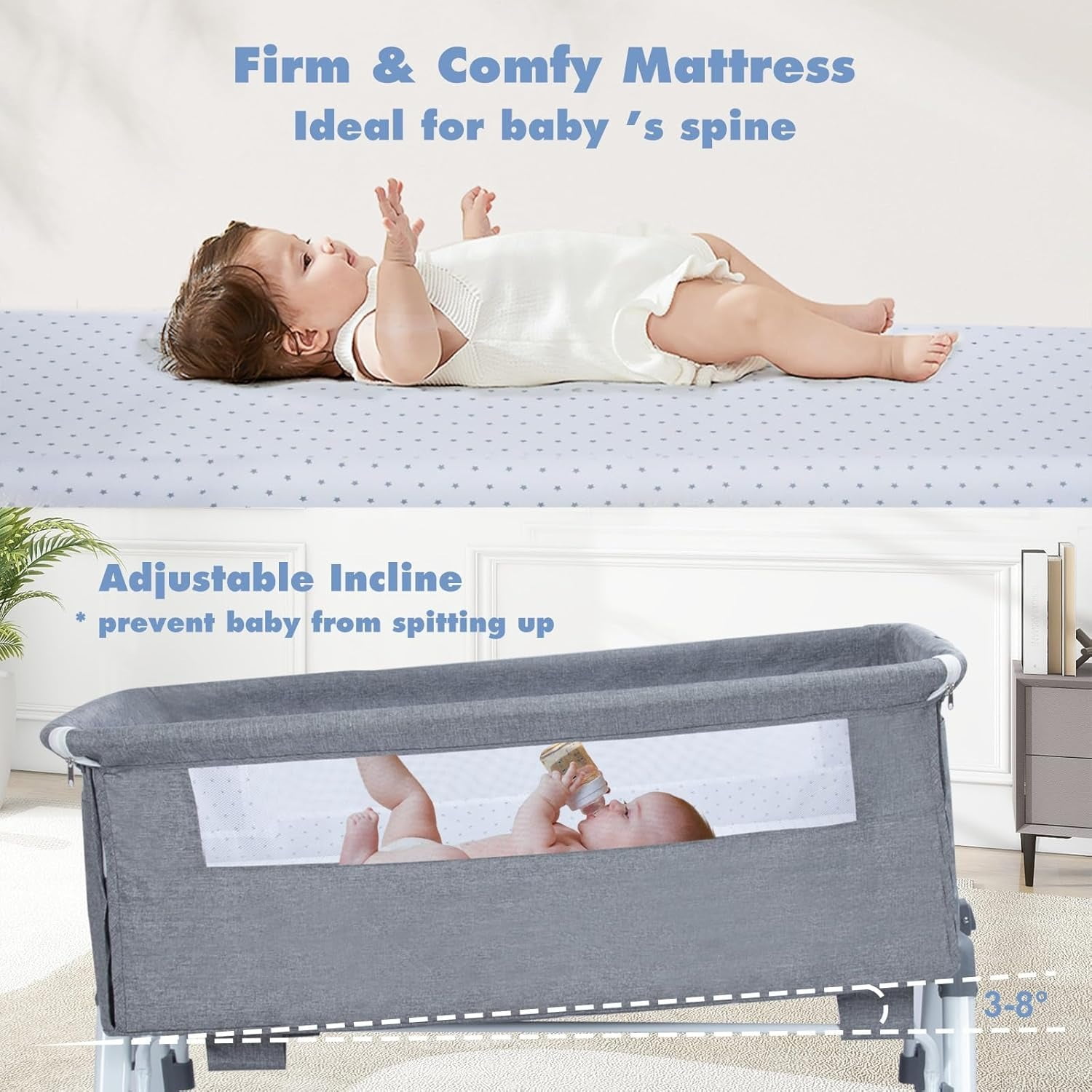 FlexWave 4-in-1 Adjustable Baby Bassinet, Foldable Bedside Sleeper, Portable Infant Crib，with Breathable Mesh, Secure Strap, Rocking Feature, Height Adjustable, for Newborn Comfort and Safety