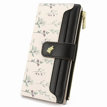 GAEKEAO Womens Wallet Slim Thin RFID Blocking Floral Vegan Leather Card Holder Bifold Long Ladies Wallet with Zipper Pocket