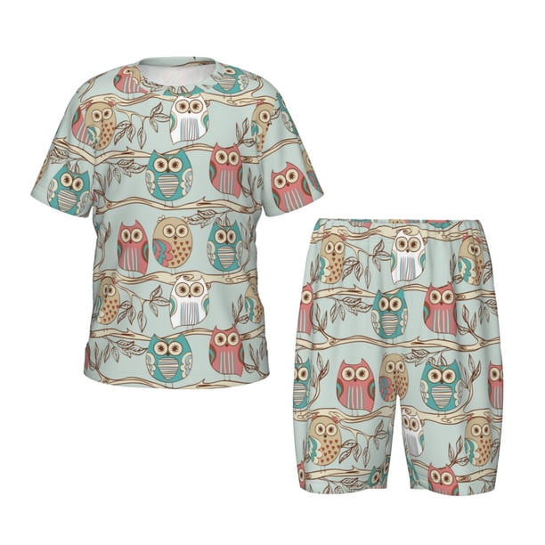 Balery Cute Owl Conjunto de Pijama Infantil de Manga Corta con Estampado – Ropa de Dormir de Algodón Suave-X-Large
