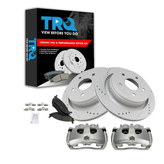 TRQ Rear Performance Brake Pad & Rotor Kit Brake Caliper Brake Pads Brake Rotors Set Ceramic Vented Premium G-Coated Fits Select 2012 Ram 1500