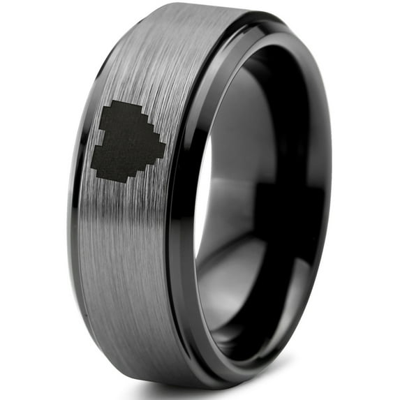 Tungsten Gamer Heart Band Ring 8mm Men Women Comfort Fit Black Step Bevel Edge Brushed Gray Polished Size 9