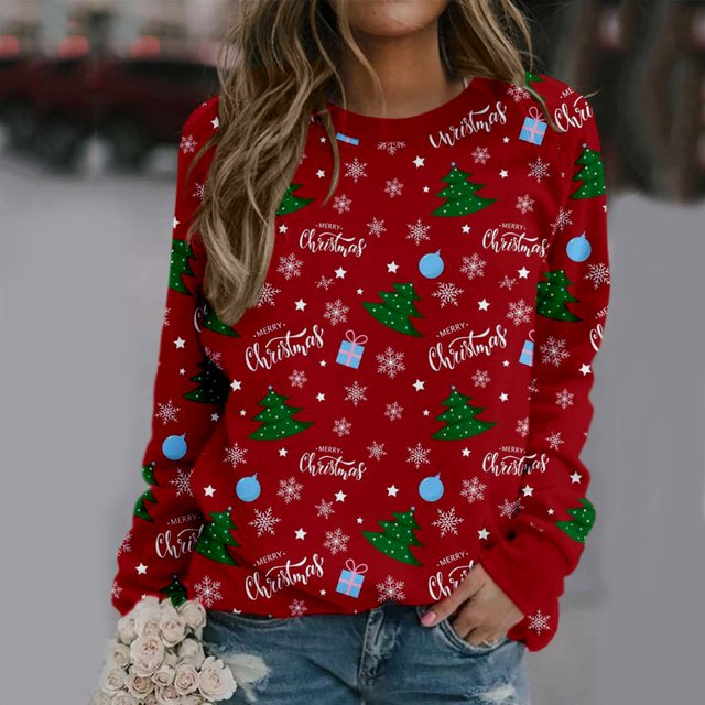 Mode Noël Femmes Imprimé Manches Longues Confortable Respirant Col Rond Chemise Hauts
