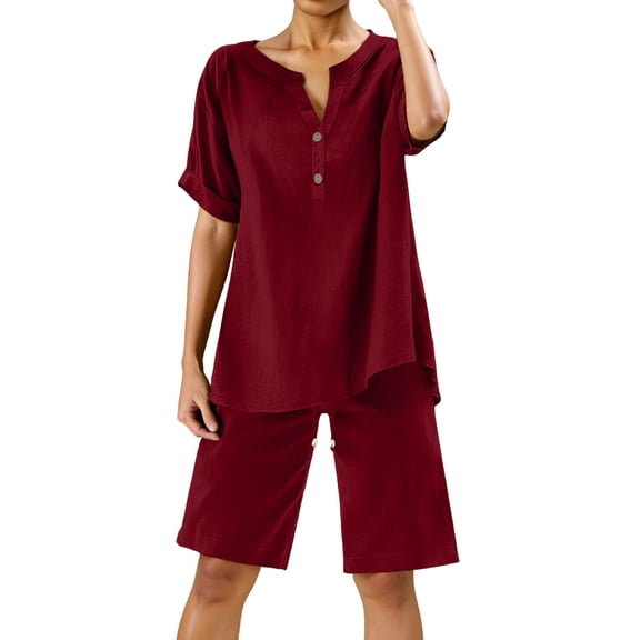 2 Piece Short Sets for Women Summer Outfits Casual Wide Leg Blouse with Pockets and Elastic Pants Summer Sets V Neck Shirt Trousers Fashion Streetwear