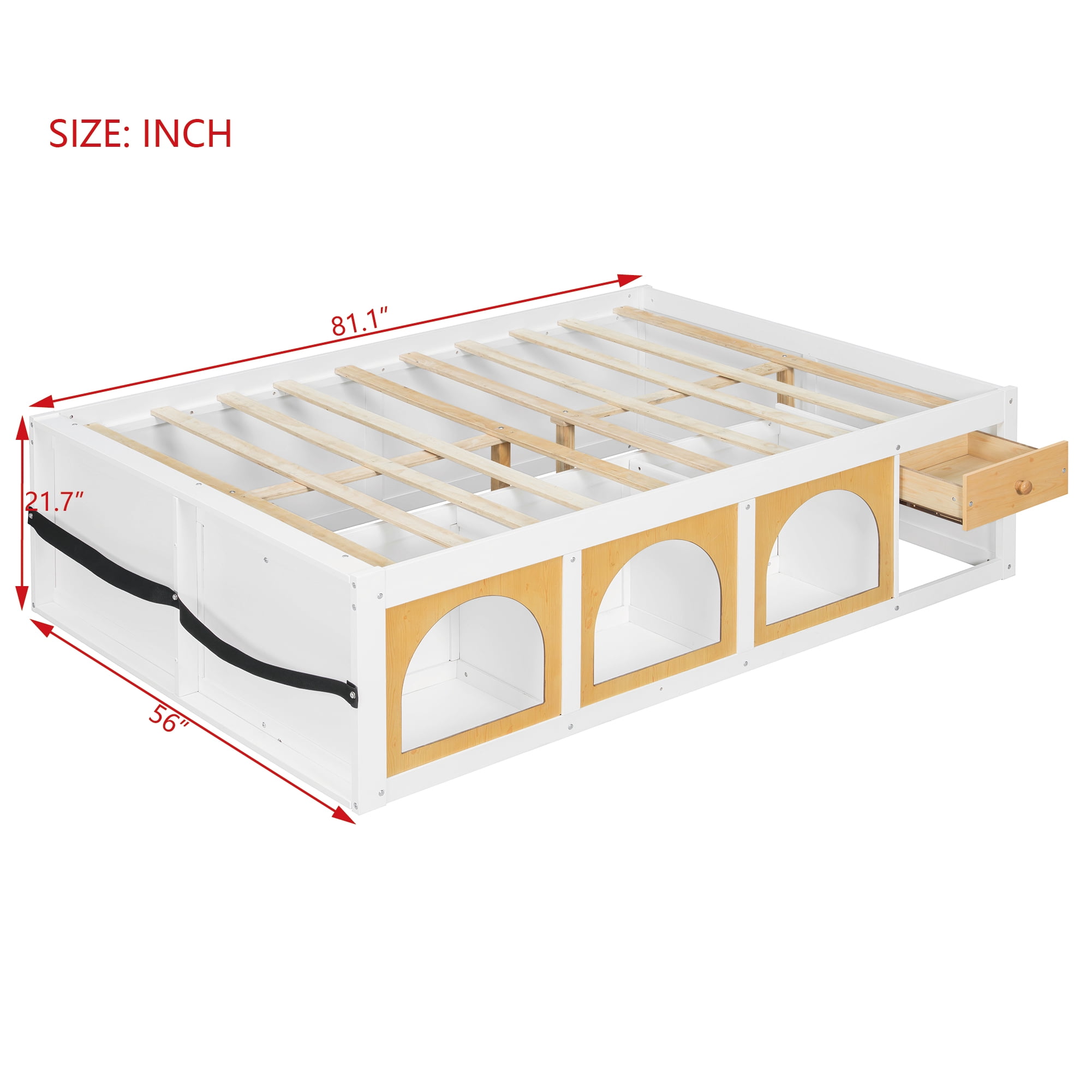 Mintazer Modern Full Size Bed with Bookshelf and 3 Open Cubbies & Drawer, Platform Bed Frame with LED Light for Kids Bedroom, Natural & White