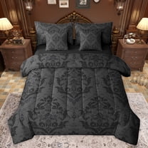 jejeloiu Retro Damask Flower 7pcs Bedding Comforter Set,Bohemian Floral Queen Bedding Sets,Gray Black Jacquard Queen Sheet Sets For Men Women,Breathable Home Decor Reversible