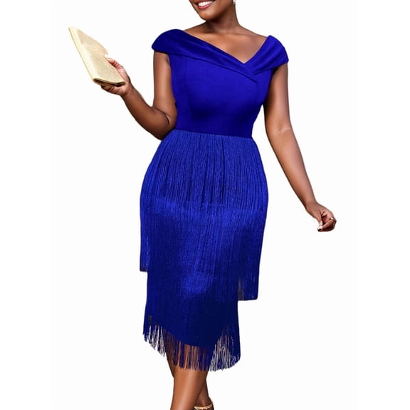 Women'S Plus Size 1920s Flapper Dress Sleeveless Deep V Neck Fringe All over Tassel Tiered Prom Party Midi Dress Blue S