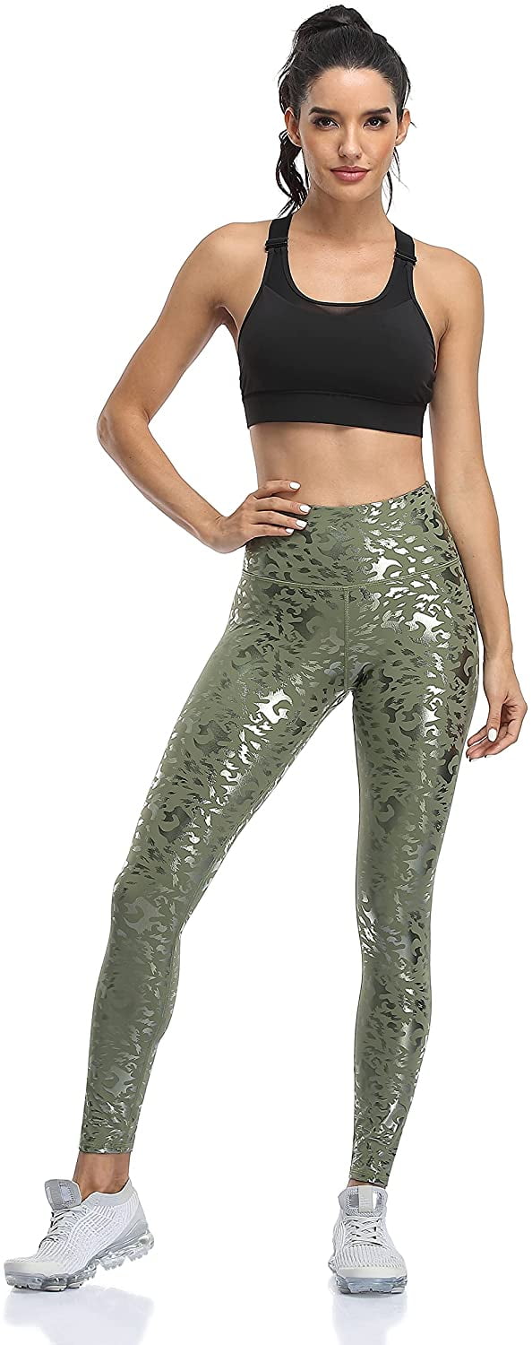 Women Faux Leather Leggings Leopard Print Liquid Shine Tummy Control Athletic Yoga Pants