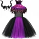 thumbnail image 3 of Disfraz de bruja de Halloween, Malefice, para niñas, color morado y negro, con tutú elegante, capa de plumas, disfraz de reina malvada, ropa para niños, 3 of 5