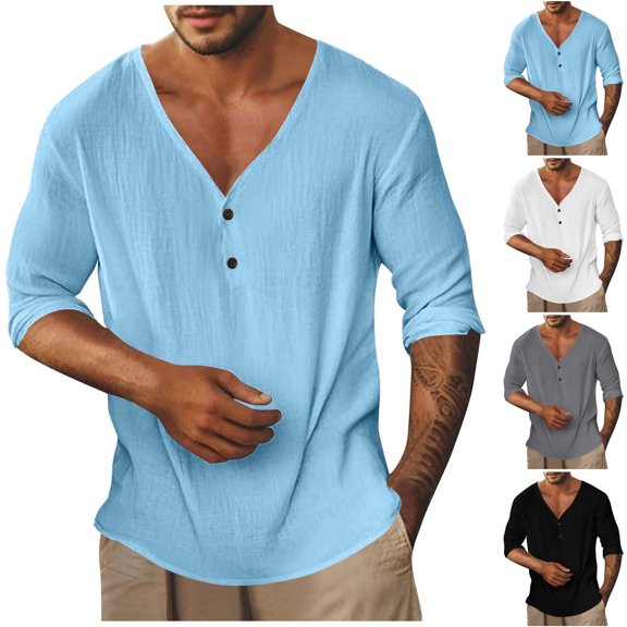 Men Fall Blouse Mineart Men Long Sleeve Henley Shirts Tops Loose V Neck Cotton Linen Casual Solid Color Shirts Lightweight Everyday Tops for Summer Fall Outdoor