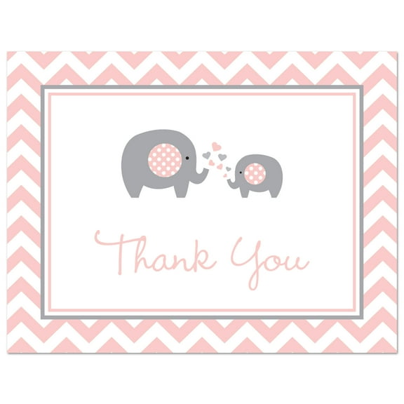 Pink Elephant Baby Shower Thank You Cards and Envelopes - 50 Count