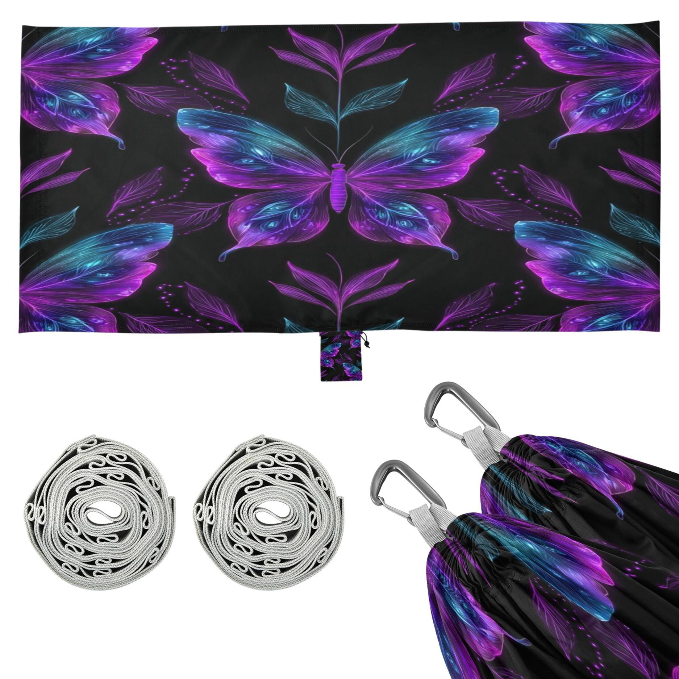 Hanging Hammock Portable Travel Camping For Outdooor Beach Camping Hiking Neon Purple and Blue Butterflies