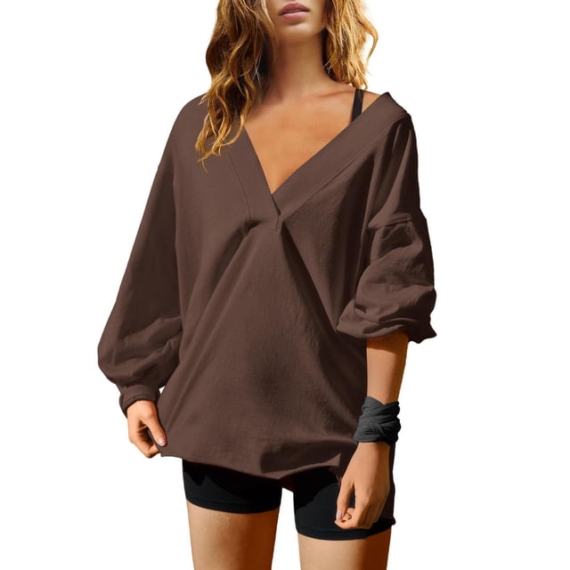 RKSTN Blouses pour Femmes T-Shirts Surdimensionnés à Manches Longues Mode Décontractée Col Ample Blouse Habillée Décontractée