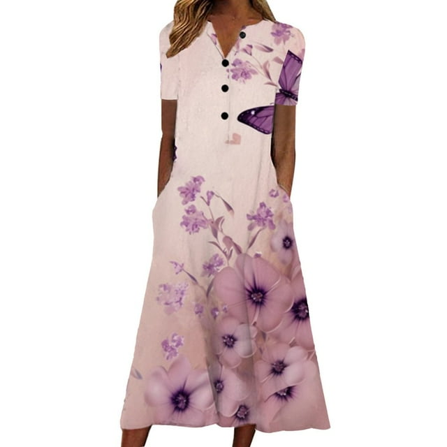 CHOK Robes d'Été pour Femmes à Boutons avec Poches Grande Taille Bohème Décontractée Longue Robe Maxi Imprimé Floral Manches Courtes Col en V Longueur sous le Genou Évasée Ligne A Maison Ample Robes Soleil