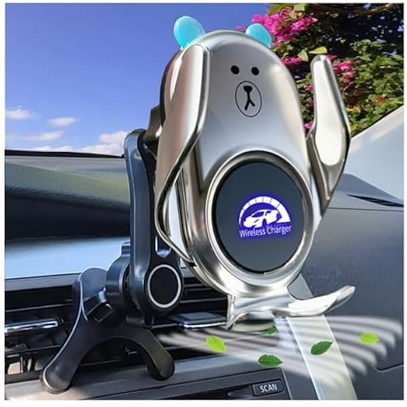 FU1999Phone Mount for Car Wireless Charger Auto Clamping with Rotatable Vent Clip Cute Bear for iPhone Samsung Andriod Phone