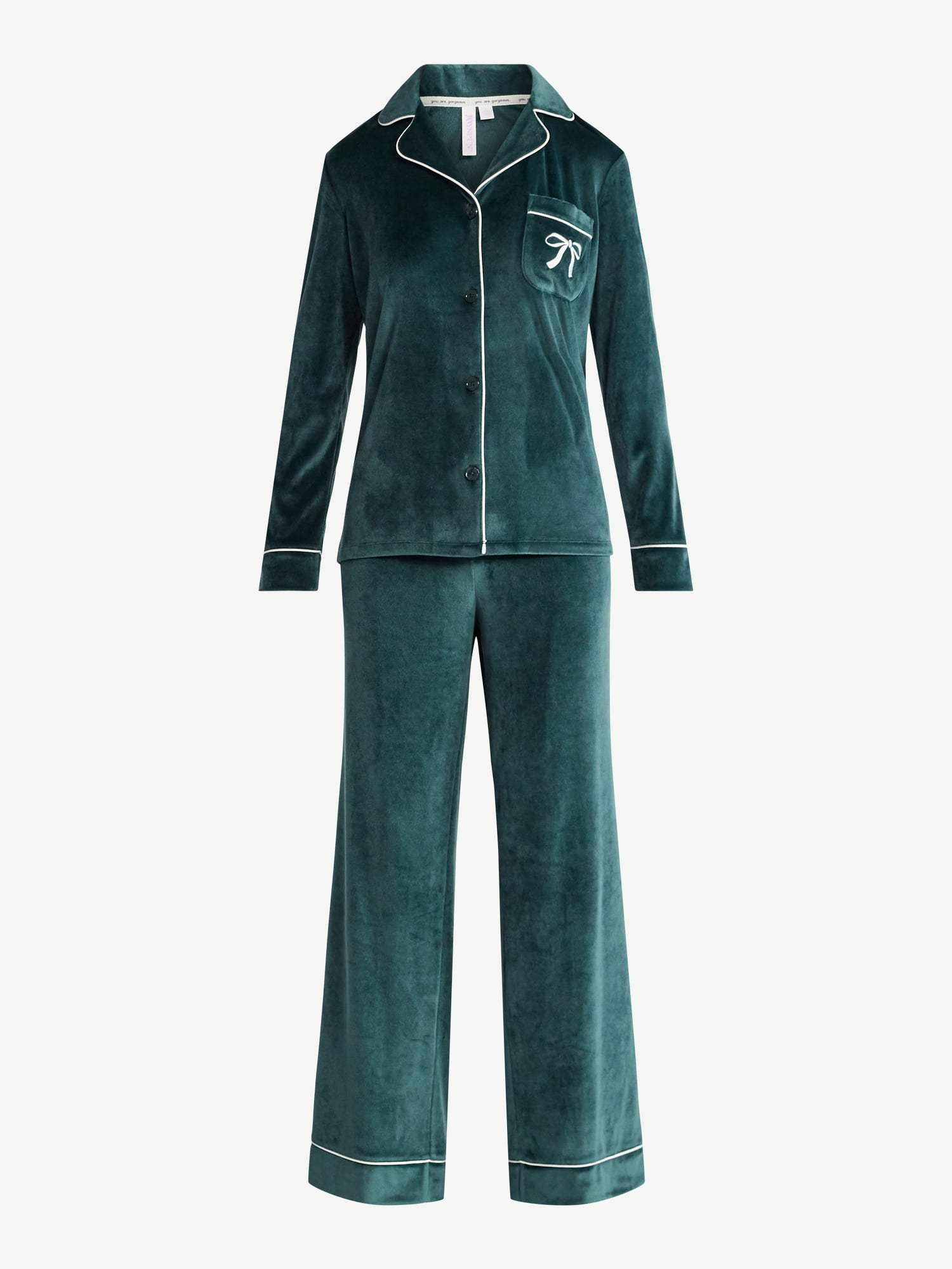 Joyspun Women’s Stretch Velour Notch Collar Long Sleeve Pajama Set, Sizes XS to 4X
