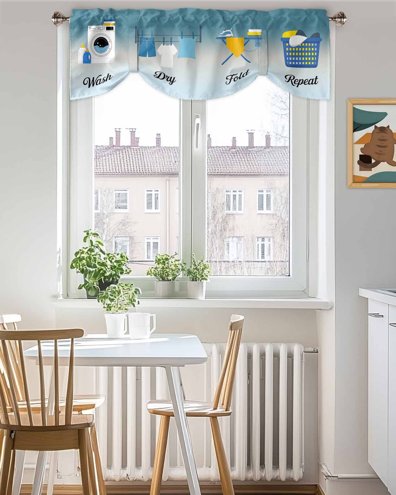 Wash Dry Fold Repeat Tie Up Valances Curtain, Laundry Clothes Gradient Blue Kitchen Valances for Windows Decor, Rod Pocket Short Curtains Set for Bedroom/Bathroom, 54"x18"